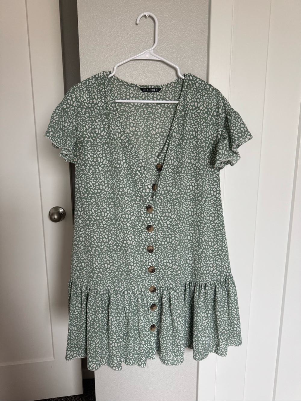 Green Floral Button-Front Mini Dress